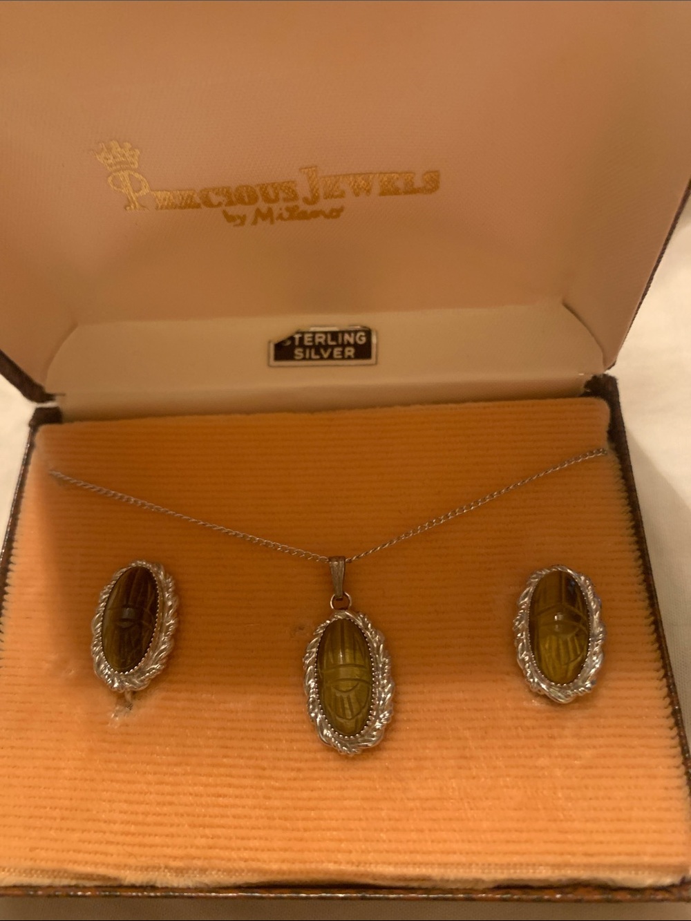 Sterling Silver brown Scarab Necklace and Earring Set
